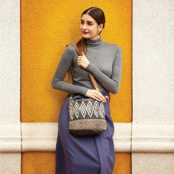 NWOT Myra Azure Printed Upcycled Canvas & Cowhide Leather Shoulder Bag - Picture 1 of 14